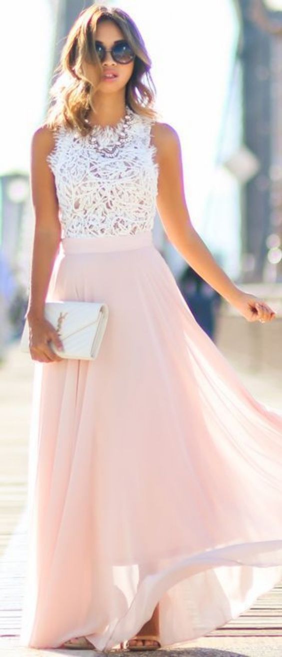 Maxi Skirt Fall, Pink Maxi Skirt, 파티 �드레스, Chique Outfits, Dress Chiffon, White Lace Top, Pink Maxi, Lace Evening Dresses, Chiffon Prom Dress