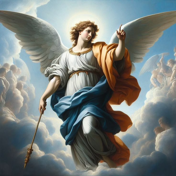 an angel holding a staff in the sky