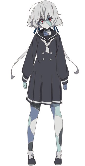 an anime character with white hair and blue eyes, wearing a black coat and tights