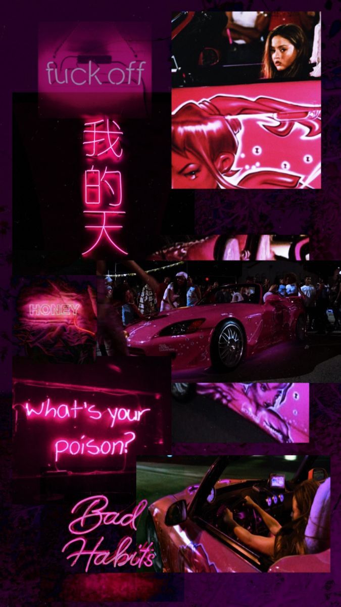 a collage of photos with neon text and images in the background, including a pink car