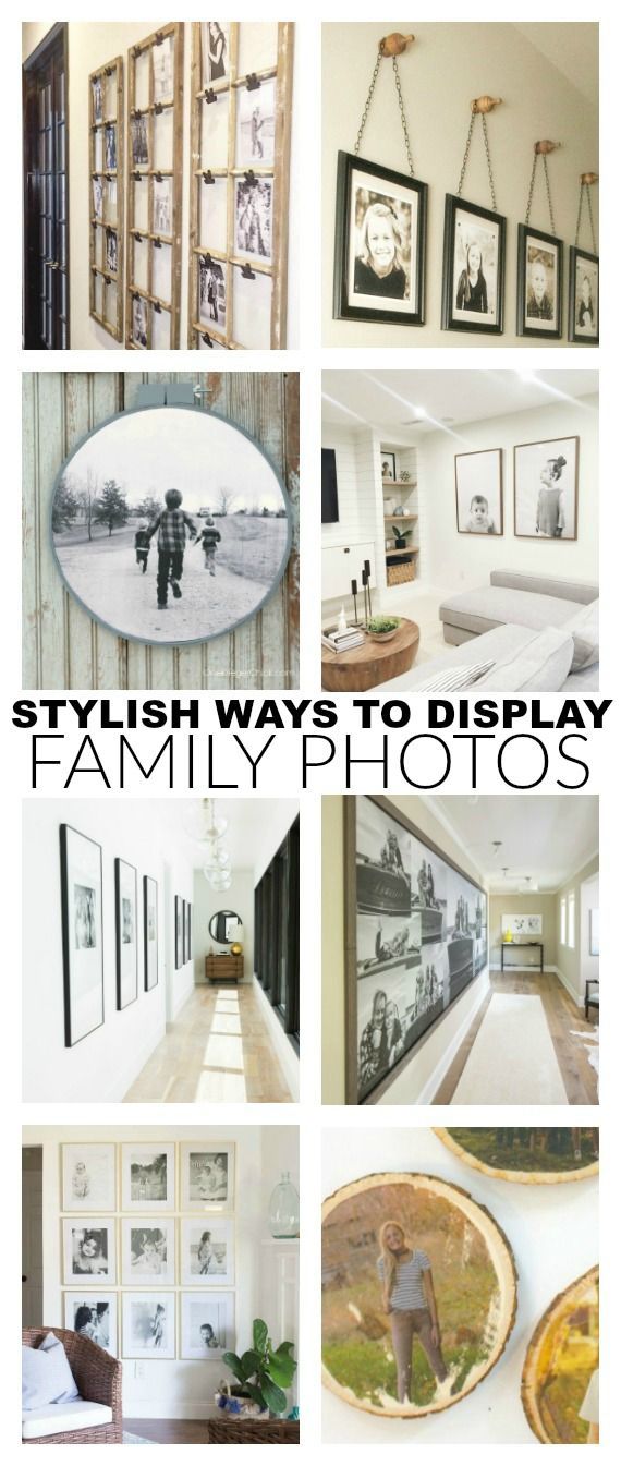 many pictures are hanging on the wall in this collage with words that read, stylish ways to display family photos