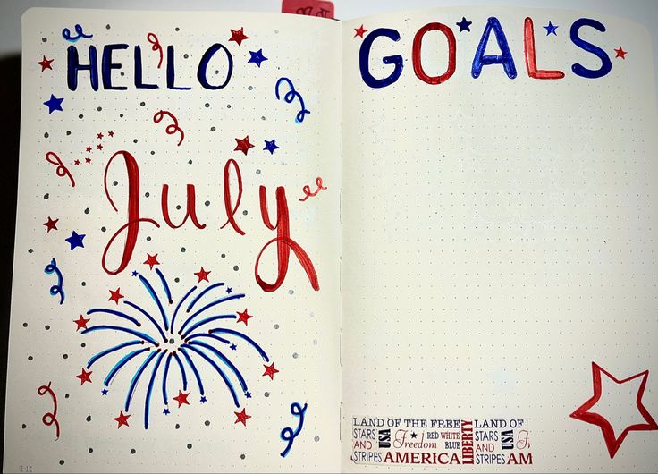 an open notebook with the words hello july written in red, white and blue