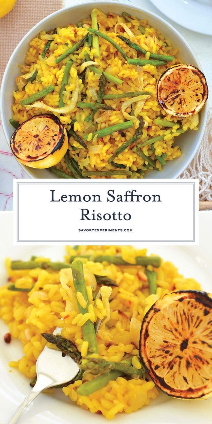 lemon saffron risotto with asparagus and oranges on the side