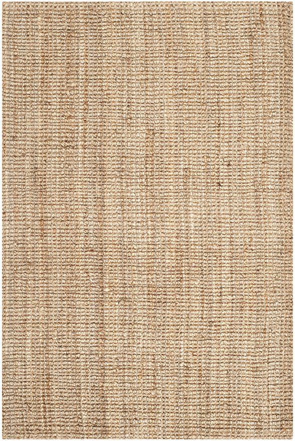 an area rug made out of jute and woven with some brown stripes on it