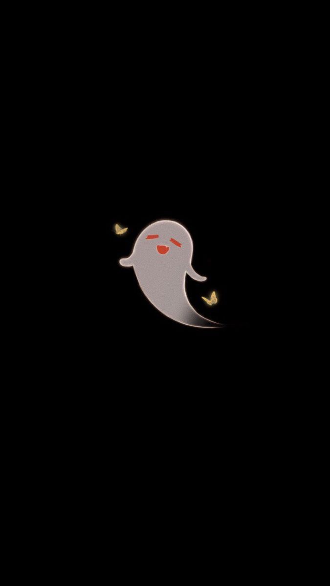 a white ghost flying in the dark with two small yellow birds on its back and one black background