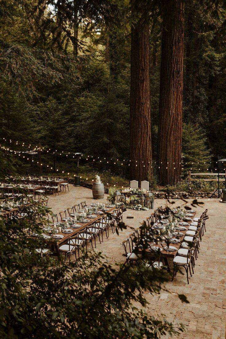 an outdoor wedding setup in the woods with tables and chairs set up for guests to eat