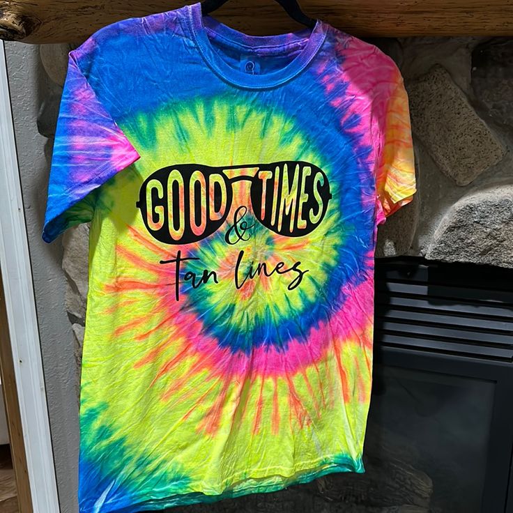 Tie Dye T-Shirt From Luv Design Tees- Brand New W/ Tags Good Times & Tan Lines Pit To Pit- 19” Across Shoulder To Hem- 27” 1209 Fun Multicolor T-shirt For Summer, Trendy Multicolor T-shirt For Vacation, Tan Relaxed Fit T-shirt For Summer, Fun Spring T-shirt With Sublimation Print, Trendy Multicolor Summer T-shirt, Trendy Multicolor T-shirt For The Beach, Trendy Multicolor T-shirt For Beach, Fun T-shirt With Sublimation Print For Spring, Trendy Multicolor T-shirt For Beach Season