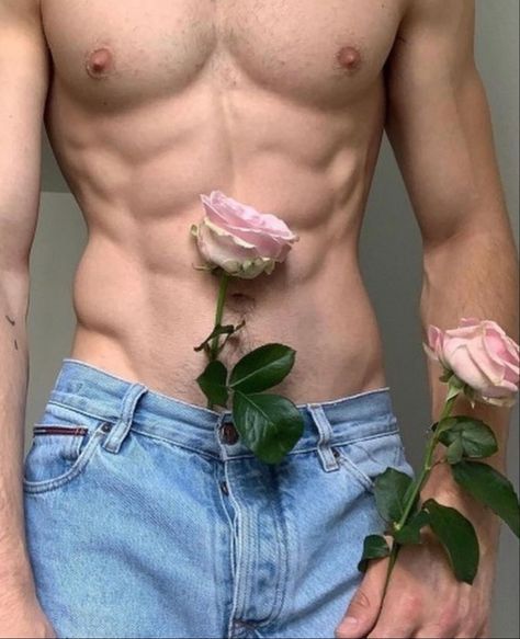 a shirtless man holding a pink rose in his left hand and wearing blue jeans