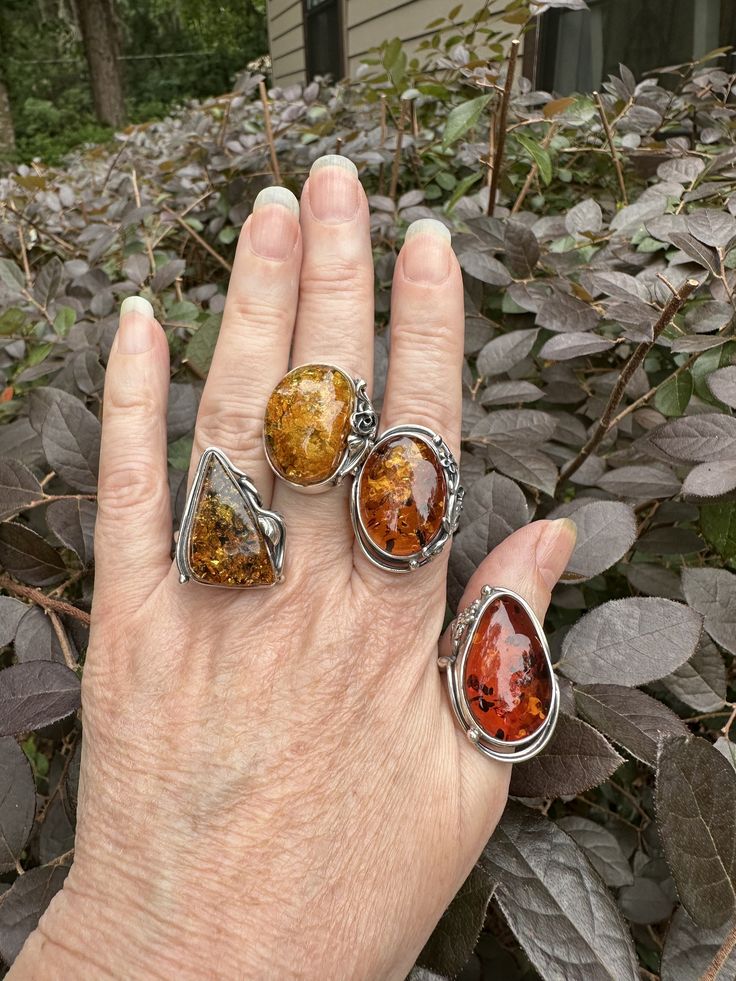 Amber rings in sterling silver.  Super nice pieces, beautiful silver work and colorful  amber on each ring.  I've got a few different sizes and these are BEING SOLD INDIVIDUALLY Athumb....size 10 B....pointer fingerSOLD...SOLD C....middle finger...8.5 D...ring finger....size 8...SOLD...SOLD... Amber Gemstone Rings For Jewelry Making, Unique Amber Ring, Unique Amber Open Ring, Unique Amber Ring Jewelry, Adjustable Sterling Silver Ring With Amber Color, Adjustable Sterling Silver Rings In Amber, Silver Baltic Amber Rings As Gift, Adjustable Amber Cabochon Rings, Handmade Baltic Amber Jewelry