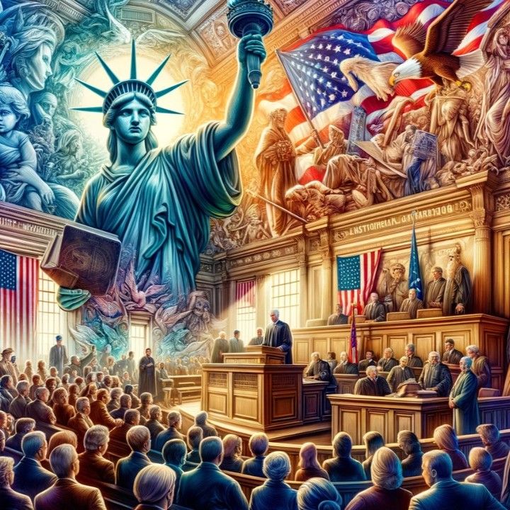 a painting of the statue of liberty in front of an assembly room full of people