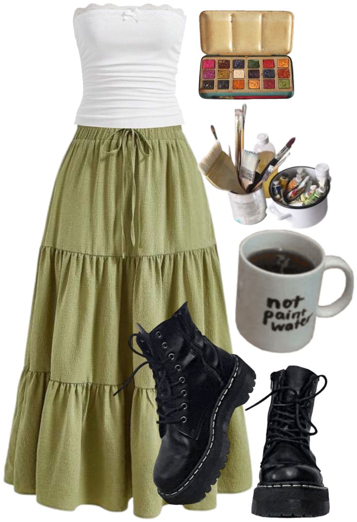 I love the long skirts in fashion they are so pretty! #skirt #art #drmartens Skirt Doc Martens Outfit, Art Girl Outfit, Yellow Maxi Skirts, Doc Marten Boots, Long Green Skirt, Doc Martens Outfit, Vans Outfit, Doc Marten, Long Skirts