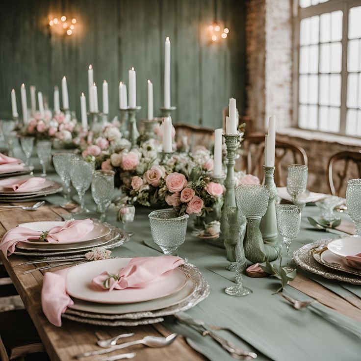 the table is set with pink and white flowers, silverware, and glassware