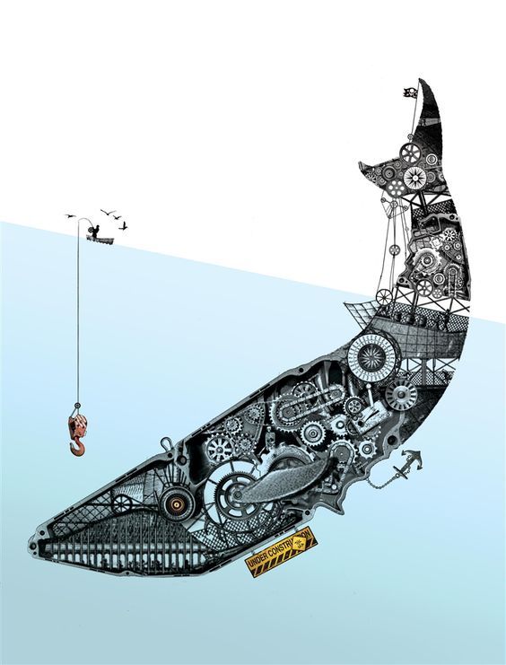 a drawing of a person hanging on to a string attached to a large shark with gears and mechanical parts all over it