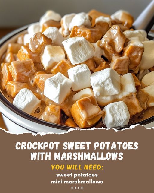 a bowl full of marshmallows with the words crockpot sweet potatoes with marshmallows