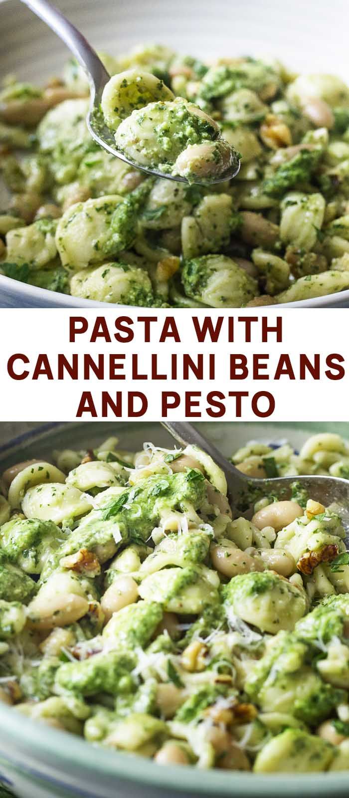 pasta with cannellini beans and pesto in a bowl