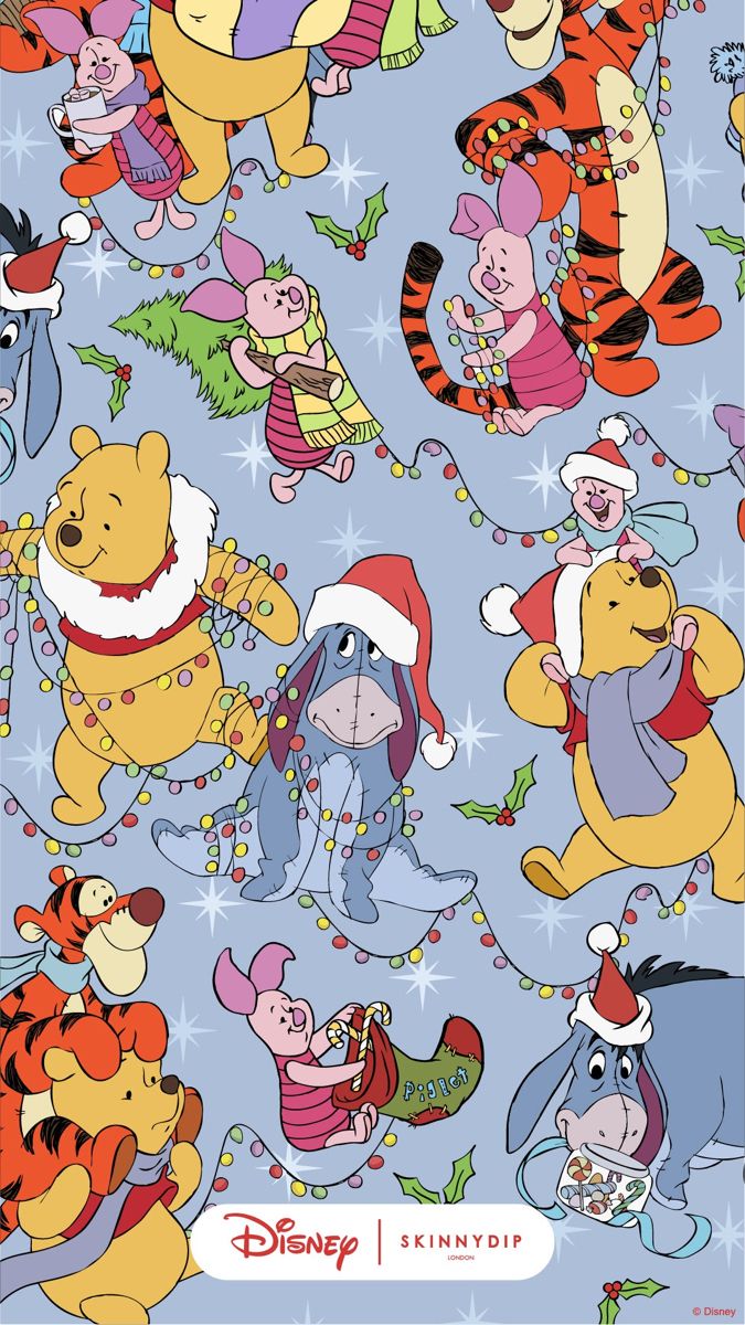 winnie the pooh christmas wallpaper with many different cartoon characters on it, all dressed up