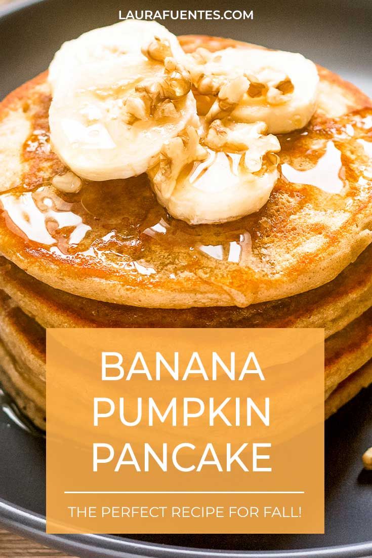 banana pumpkin pancake on a black plate with text overlay