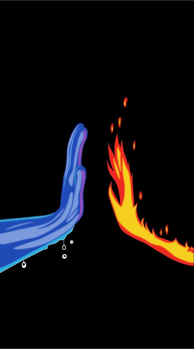 two hands reaching for each other in front of a fire and water design on a black background