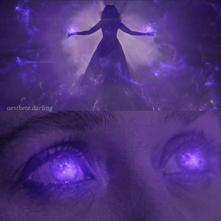 two different images of the same person with their eyes glowing in purple light, and one has