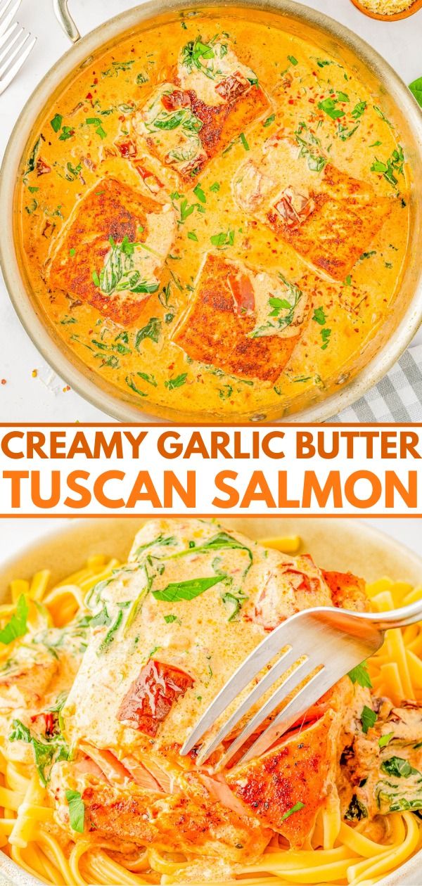 Creamy Garlic Butter Tuscan Salmon - Averie Cooks Creamy Garlic Butter Sauce, Creamy Tuscan Salmon, Tuscan Salmon Recipe, Butter Cream Sauce, Tuscan Salmon, Garlic Butter Salmon, Frozen Salmon, Butter Salmon, Garlic Butter Sauce