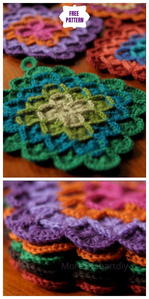 crocheted coasters with different colors and patterns