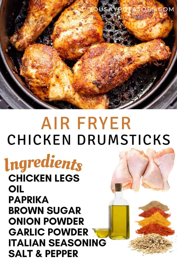 Fried chicken legs in an air fryer, with text: air fryer chicken drumsticks and a list of ingredients. Air Fryer Chicken Leg Recipe, Chicken Leg Recipe, Chicken Legs Recipes, Easy Air Fryer Chicken, Legs In The Air, Chicken Drums, Air Fryer Ideas, Chicken Leg Recipes, Cooks Air Fryer