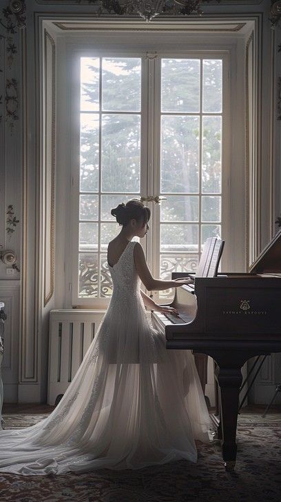 a woman in a wedding dress is playing the piano by a large window with an ornate chandelier