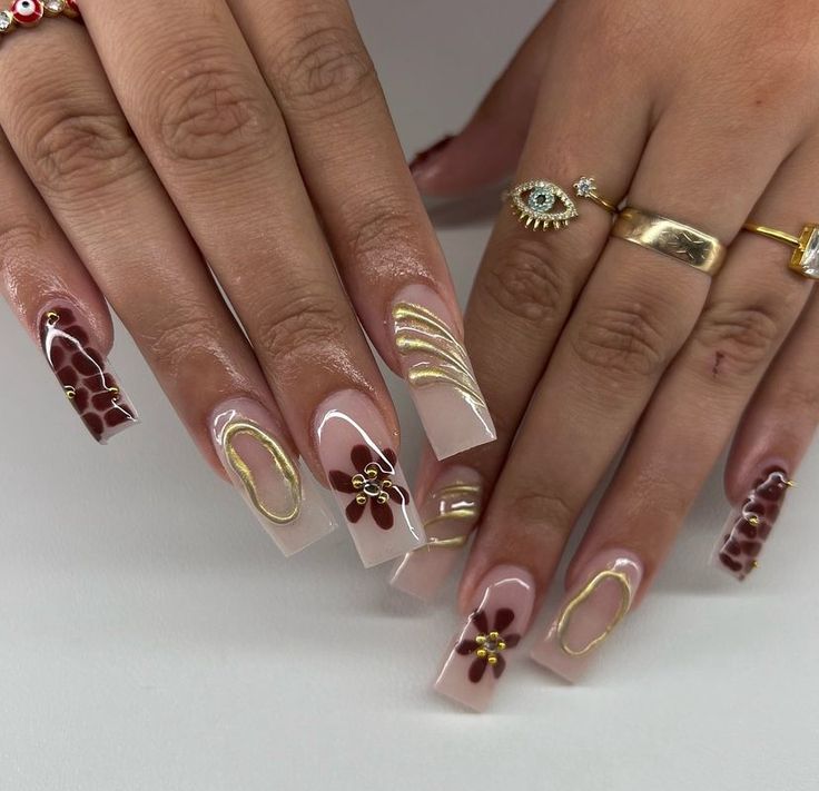 Fall Nails Square Design, Fall Nail Designs Coffin Shape, Square Nail Designs Trending Now 2024, Square Nails Baddie, Square Nail Inspo 2024, Dope Nail Designs Fall 2024, Baddie Square Nails, Baddie Fall Nails, Brown Square Nails