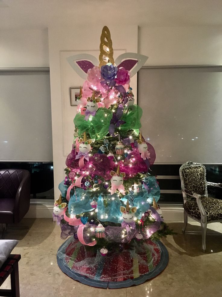 a brightly colored christmas tree in a living room