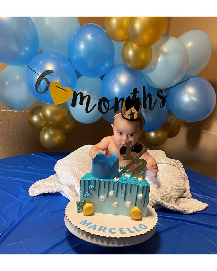 a baby is sitting in front of a cake with the words months on it and balloons