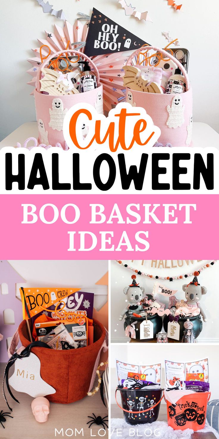 DIY Halloween boo basket ideas for kids, neighbors, and coworkers. Diy Boo Basket, Diy Halloween Basket, Boo Basket Ideas For Girlfriend, Halloween Boo Basket Ideas, Basket Filler Ideas, Cake Gift Basket, Halloween Boo Basket, Boo Basket Ideas, Diy Halloween Gifts