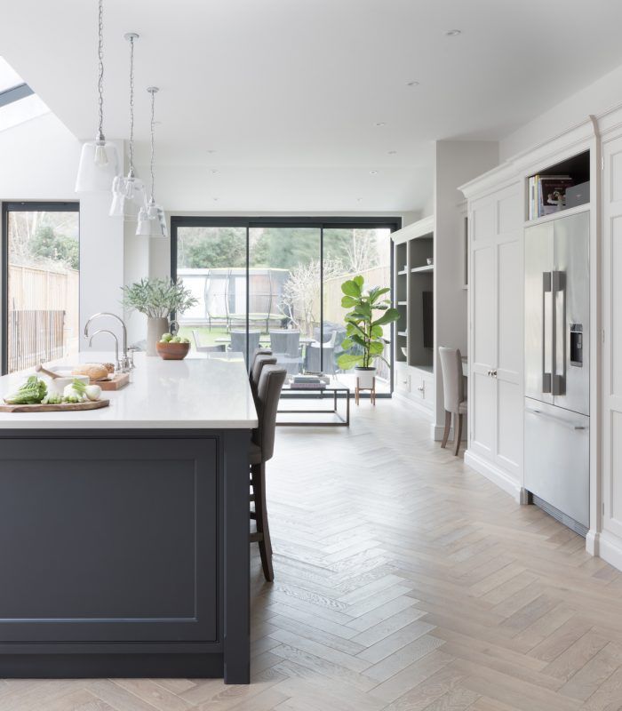 the kitchen is clean and ready to be used as a dining room or family room