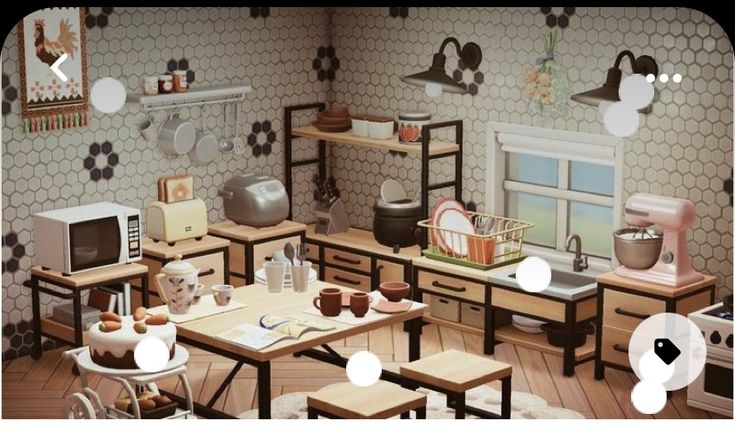 an animated kitchen with wooden tables and chairs