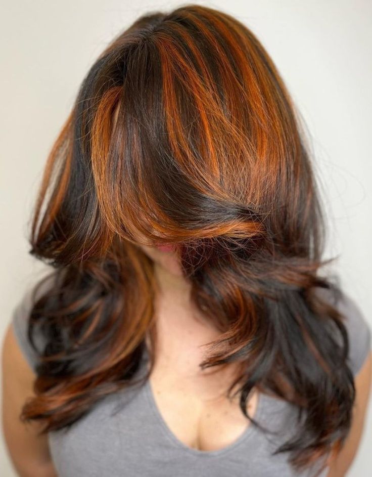 Copper Highlights On Brown Hair, Types Of Hair Color, Chunky Highlights, Fine Straight Hair, Ginger Hair Color, Black Hair With Highlights, Dark Hair With Highlights, Dyed Hair Inspiration, Blonde Hair With Highlights