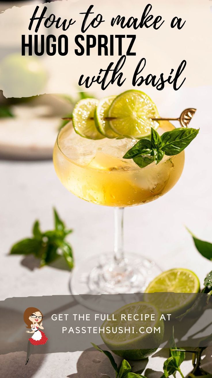 a cocktail with limes and mint garnish on the rim