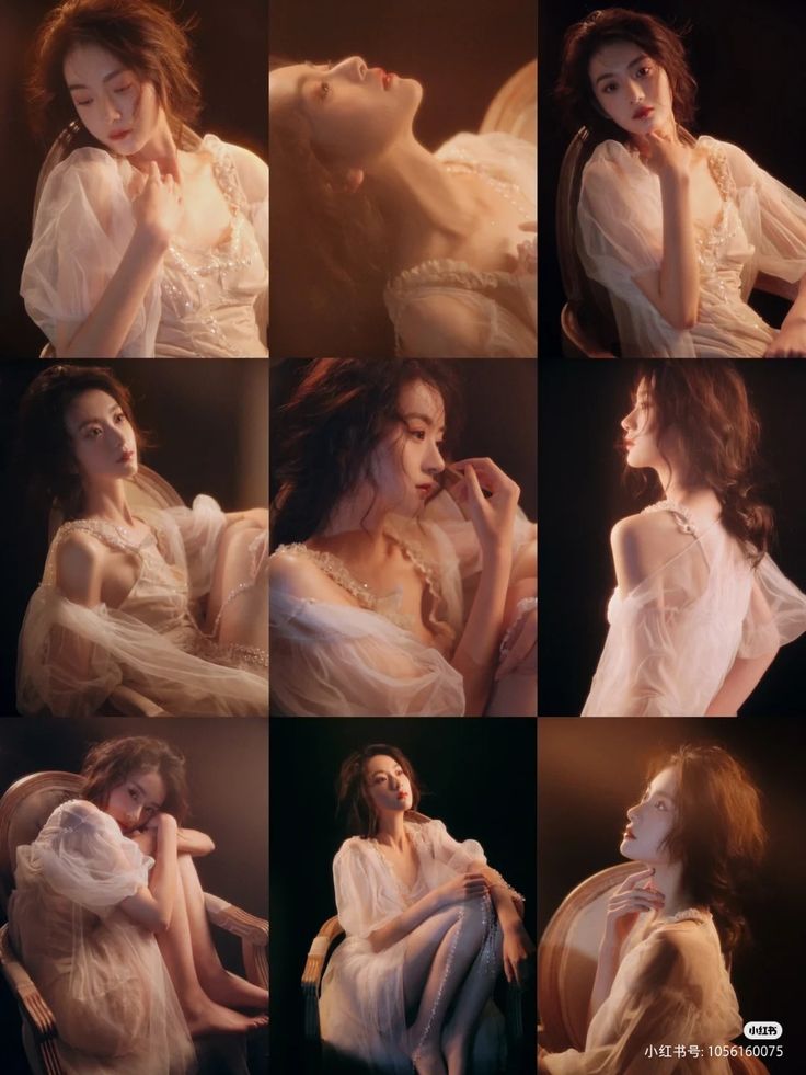 many different pictures of a woman in white dress