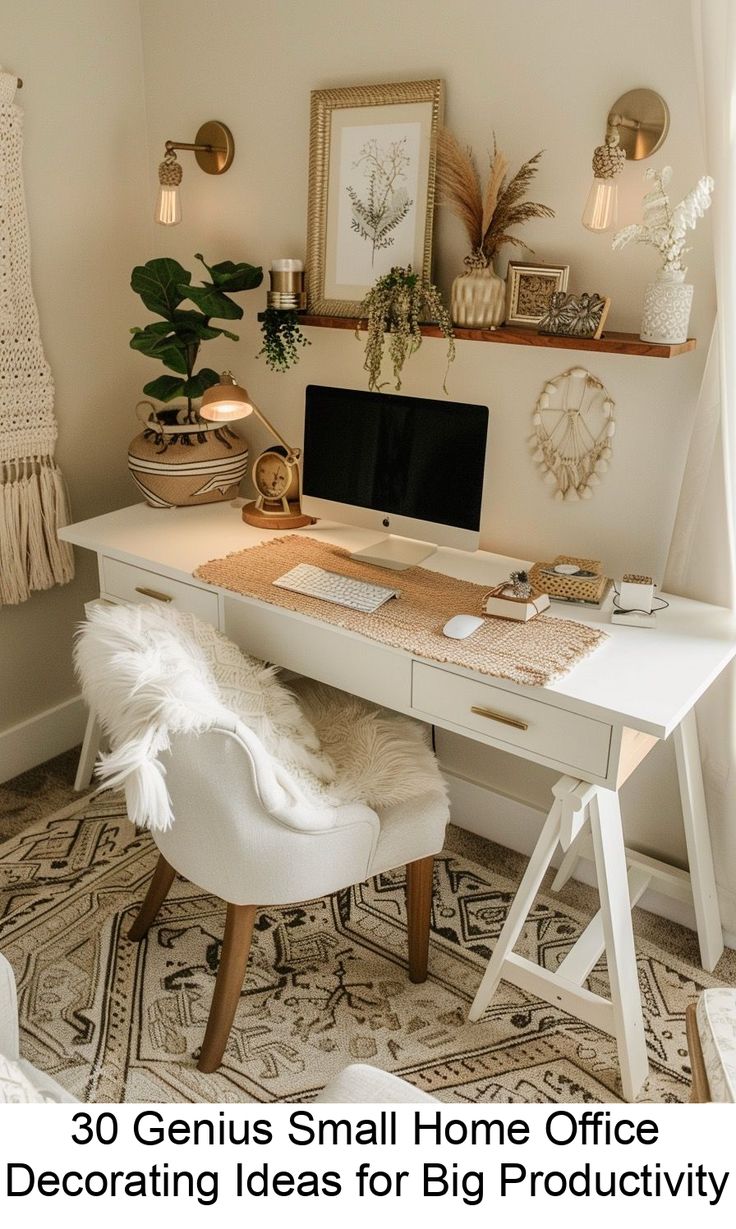 a white desk with a computer on it and some plants in the corner next to it