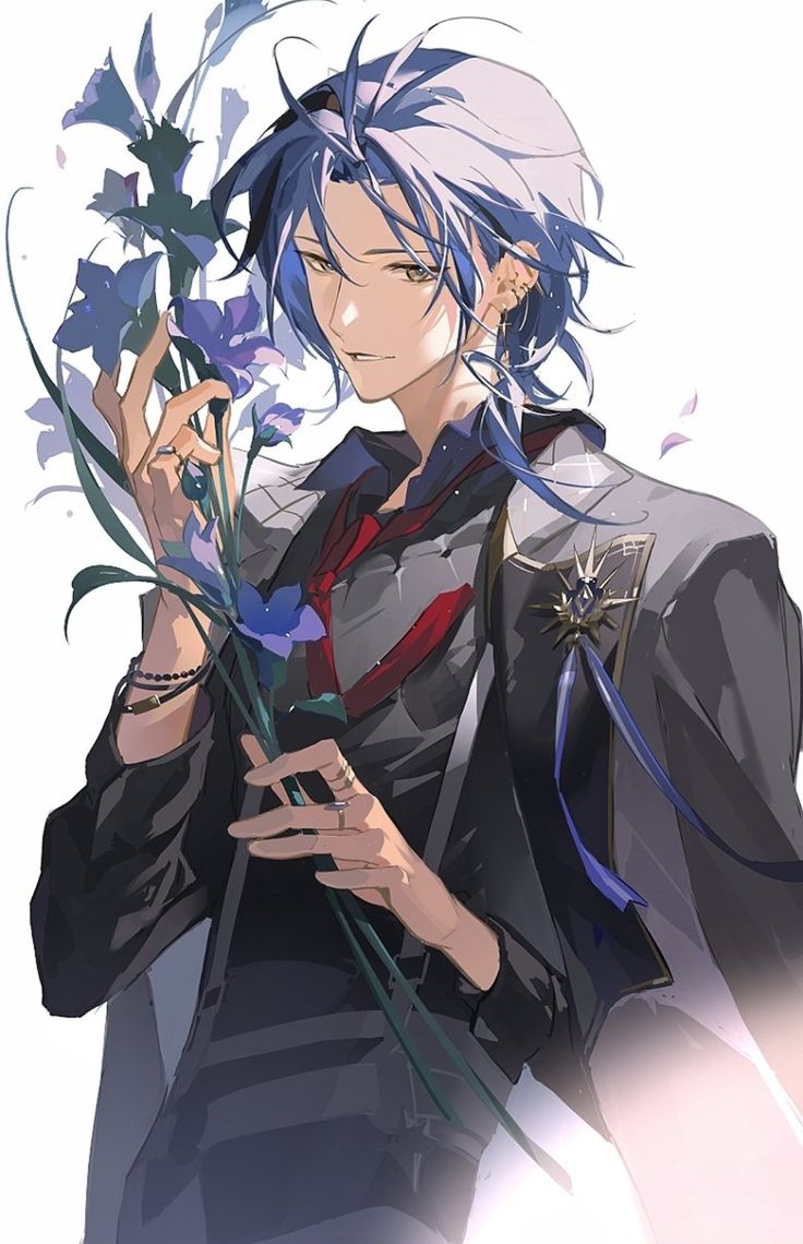 an anime character holding flowers in his hand