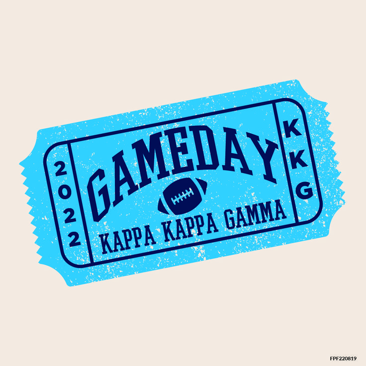 a blue ticket with the words gameday and a football ball on it in front of a white background