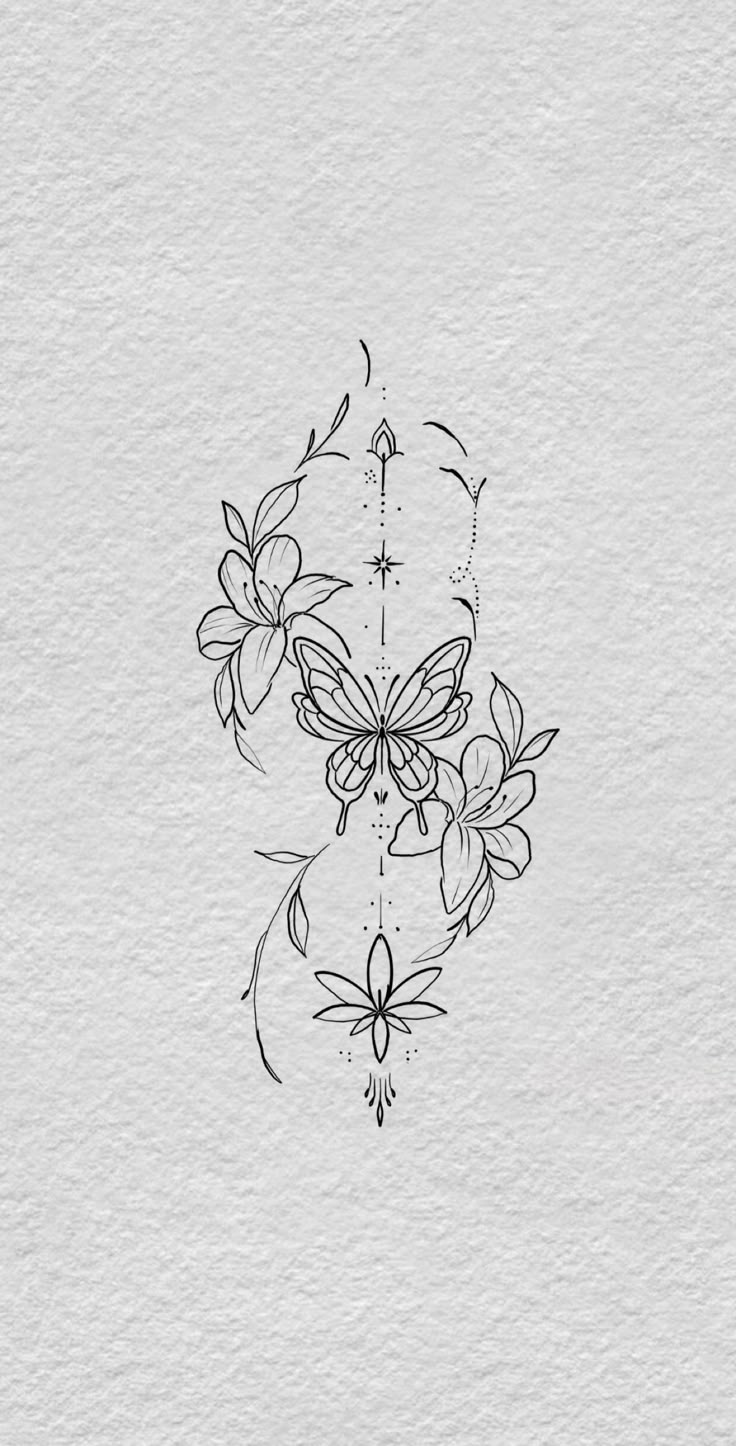 a black and white drawing of flowers with butterflies on the petals, in an artistic manner