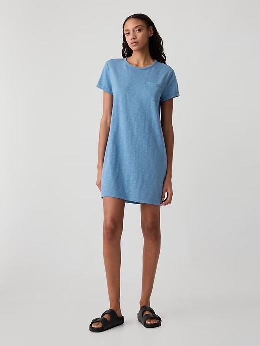 Pocket T-Shirt Dress | Gap Factory Casual Cotton T-shirt Dress With Relaxed Fit, Casual Crew Neck Dress With Relaxed Fit, Relaxed Fit Casual Dress With Crew Neck, Spring Crew Neck Dress With Side Pockets, Casual Crew Neck Dress With Side Pockets, Summer Crew Neck Dresses With Side Pockets, Summer Dresses With Crew Neck And Side Pockets, Summer Dresses With Side Pockets And Crew Neck, Casual Crew Neck Dress With Pockets