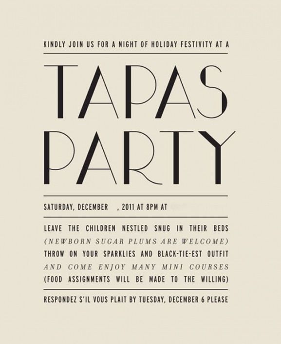 the tapas party flyer is shown with black and white typograms on it