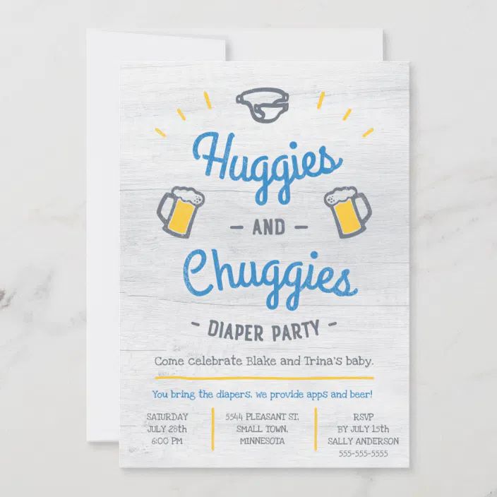 a beer themed baby shower card with the words huggies and chuggies