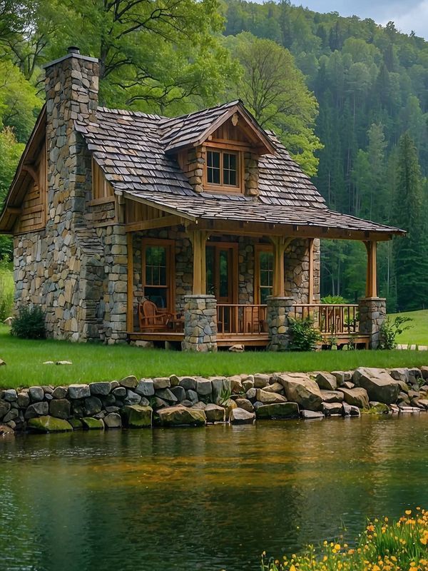 a log cabin sits on the edge of a lake