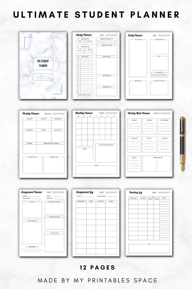 the ultimate printable student planner is shown in white marble with black ink on it