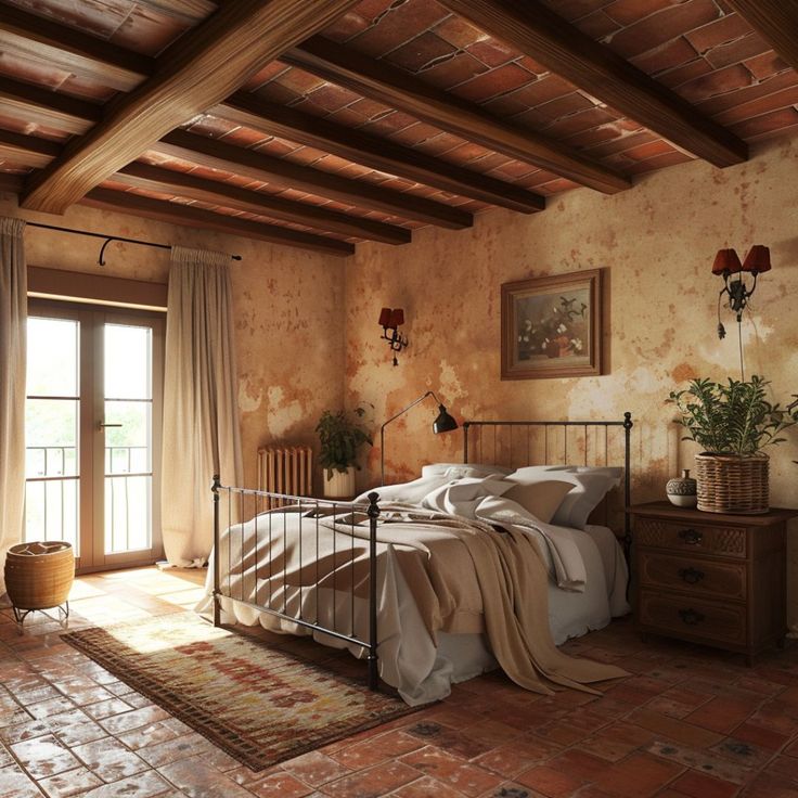 a bed room with a neatly made bed next to a window and a rug on the floor