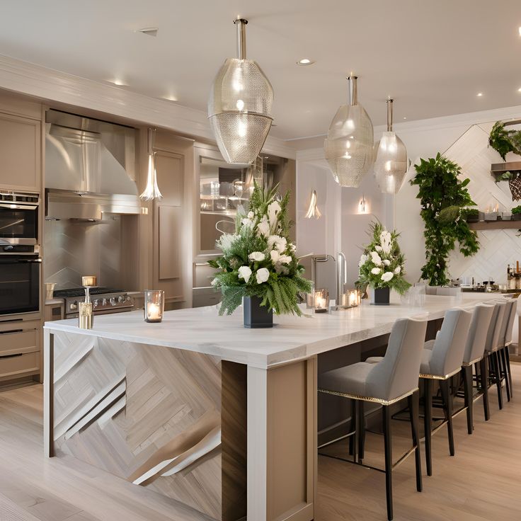 a large kitchen with an island in the middle and lots of lights hanging from the ceiling