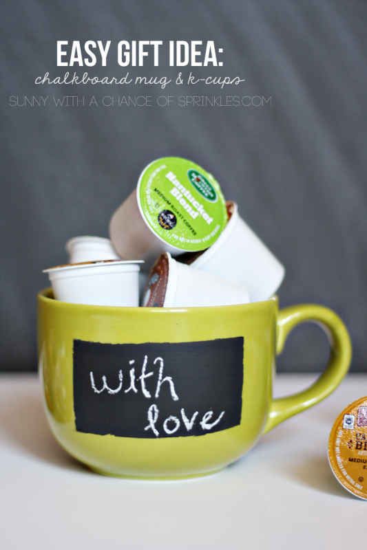 a yellow coffee cup with some tea in it and the words, easy gift idea chalkboard may & k - cups