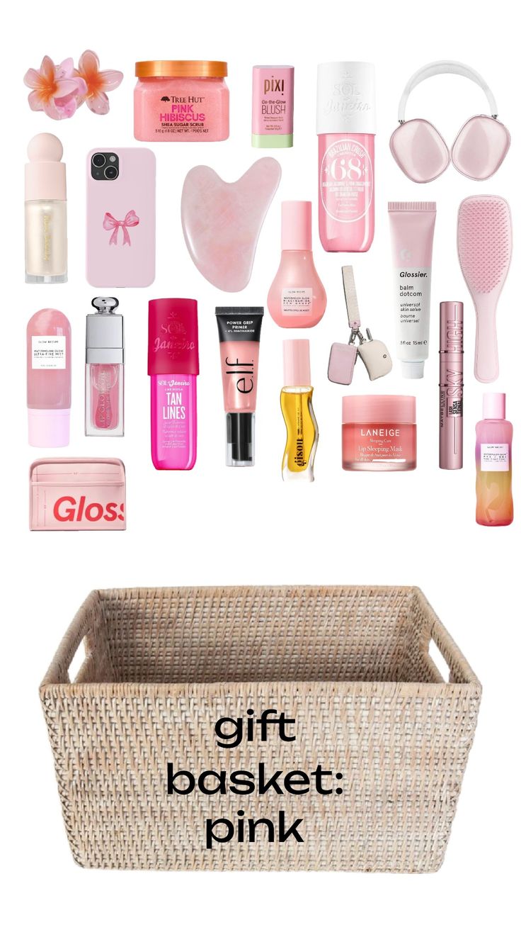 a basket filled with lots of different types of pink items on top of a white background