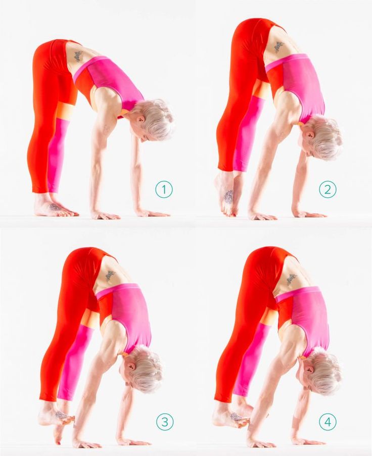 a woman in red and pink doing a handstand on her head with four different angles